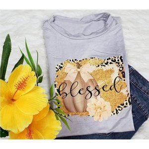 Blessed Pumpkin Autumn Fall Harvest Thanksgiving Graphic Gray Shirt NEW🤩